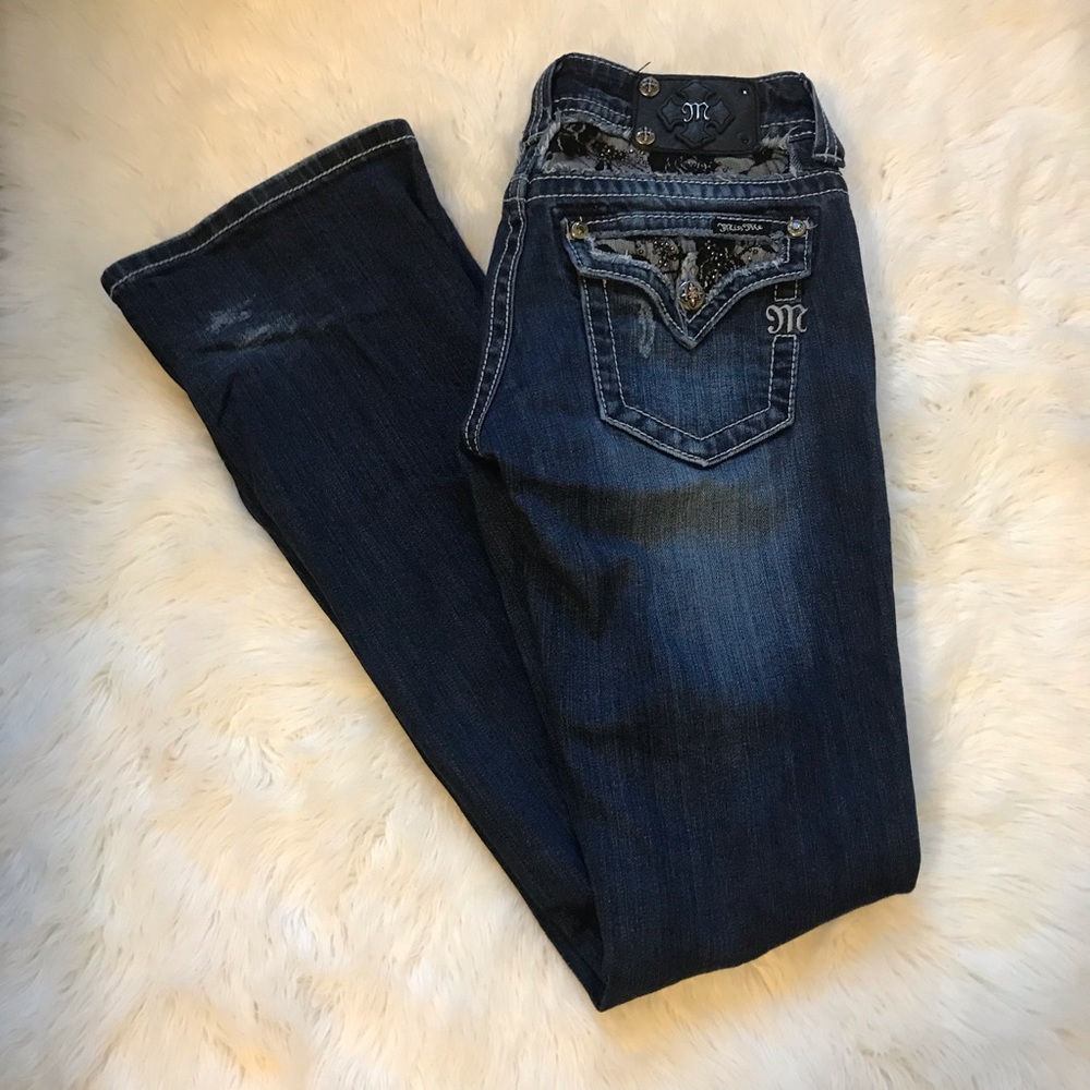 Size 28 Miss Me Jeans Boot Cut Dark Wash Lace - Picture 2 of 4